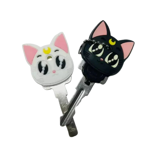 Lot de 2 porte-clés en silicone en forme de chat avec des yeux jaunes - Adorable design noir et blanc Transparent Background