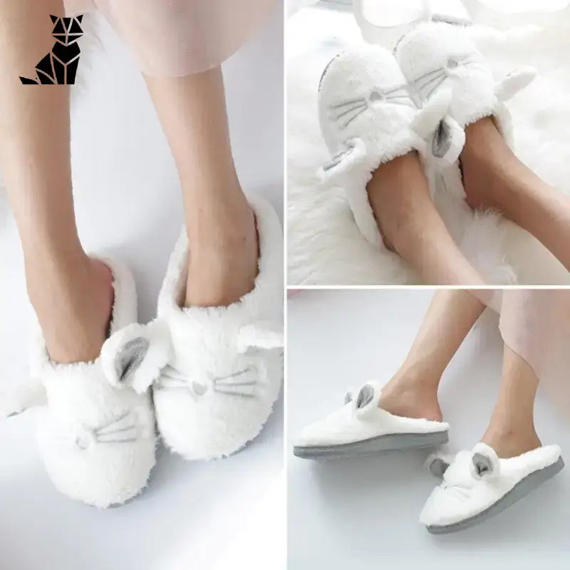 Adorable Paire De Chaussons Chat Avec Petites Oreilles Pour L’hiver