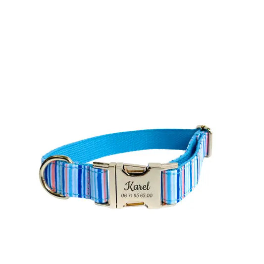 Collier Chien Personnalisé Coton Rayé Bleu Ciel Transparent Background