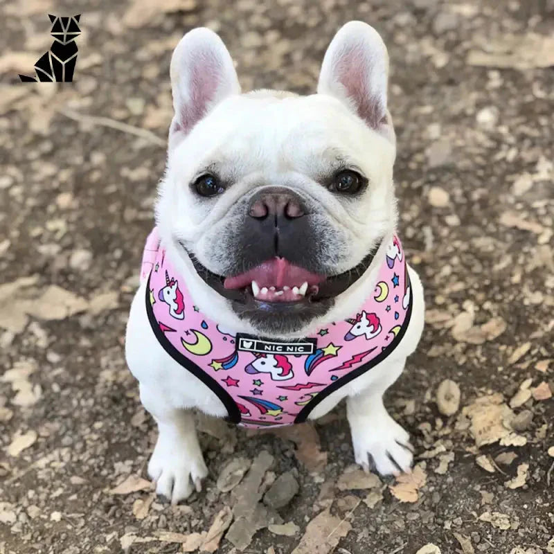 Petit chien blanc au bandana rose portant un harnais respirant pour Moyen Chiens, confort et sécurité