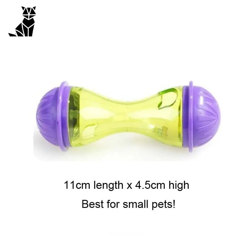 Jouet interactif de récompense pour chiens - Jouet en plastique violet et jaune sur fond blanc avec les mots clés Jouet d’occupation et Jouet Interactif