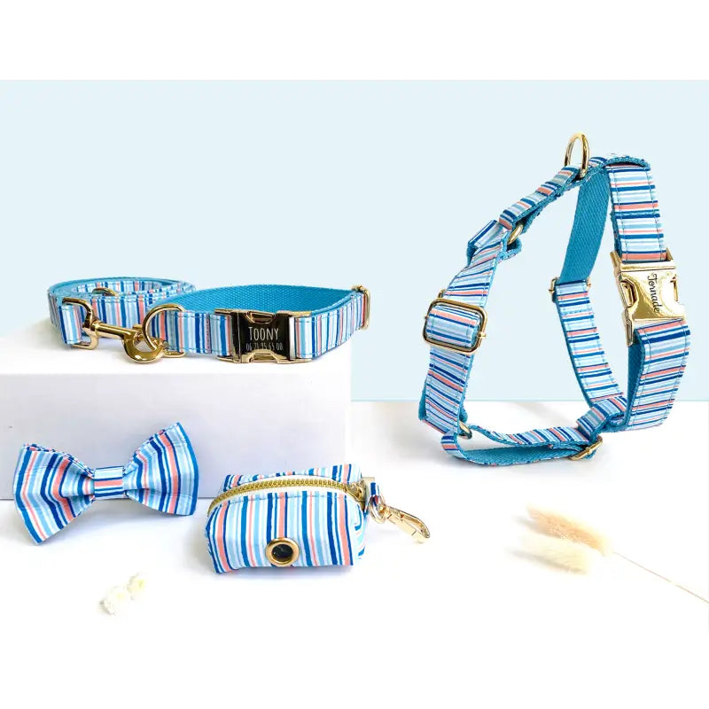 Kit Complet Chien Personnalisé Coton Rayé Bleu Ciel