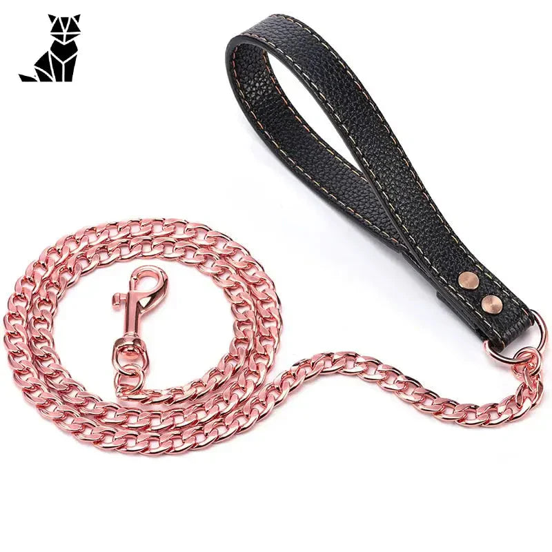 Laisse en chaîne pour chiens - cuir noir, accessoire de chaîne rose, construction en acier durable