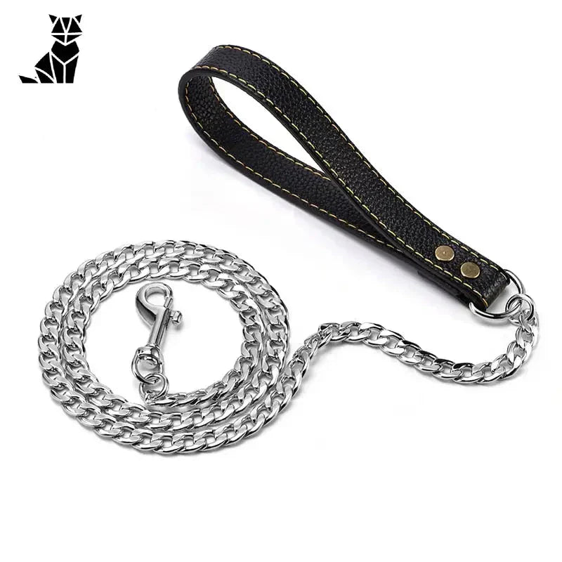 Chaîne en cuir noir avec acier argenté - Golden Chain Leash for Dogs