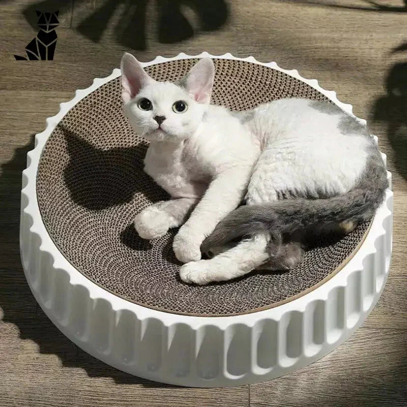 Chat sur un tapis rond en papier ondulé, griffoir idéal et lit confortable