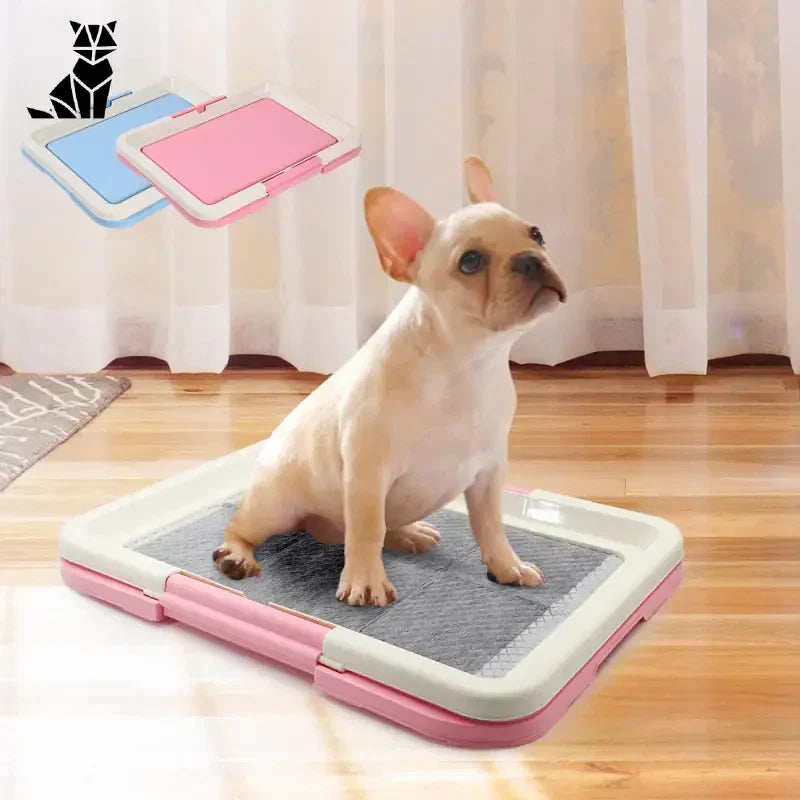 Petit chien assis sur un tapis de litière, solution pratique et hygiénique pour l’intérieur, conception légère avec filet permettant